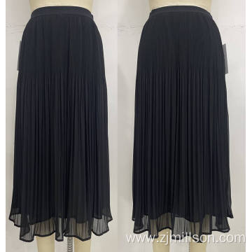 Woven Summer Black Elastic Band Pleated Skirt